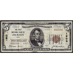 1929 $5 The First National Bank of Jackson OH National Currency Note CH# 1903