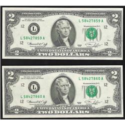 Lot of (2) Consecutive 1976 $2 Federal Reserve Notes Uncirculated