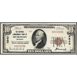 1929 $10 The National Lumberman's Bank of Muskegon, MI National Currency Note