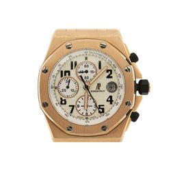 WATCH: Men's 18kr Audemars Piguet Royal Oak Offshore Watch; Cream face, automatic, 3 sub diamonds, d