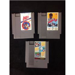 NINTENDO VIDEO GAME LOT (BASES LOADED II, WORLD GP, MARIO BROS/DUCK HUNT/TRACK MEET)