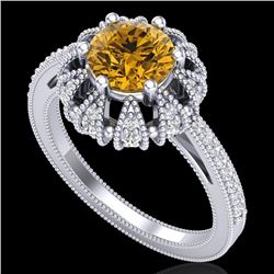 1.65 CTW Intense Fancy Yellow Diamond Engagement Art Deco Ring 18K White Gold - REF-230N9Y - 37728