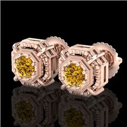 1.11 CTW Intense Fancy Yellow Diamond Art Deco Stud Earrings 18K Rose Gold - REF-158K2R - 37456