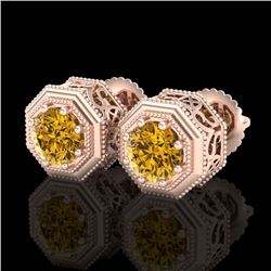 1.07 CTW Intense Fancy Yellow Diamond Art Deco Stud Earrings 18K Rose Gold - REF-132K8R - 37939