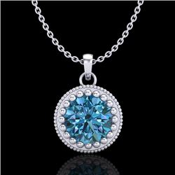 1 CTW Intense Blue Diamond Solitaire Art Deco Stud Necklace 18K White Gold - REF-158H2W - 37488