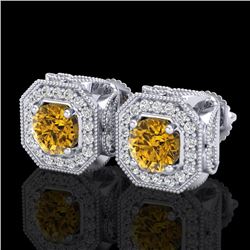 2.75 CTW Intense Fancy Yellow Diamond Art Deco Stud Earrings 18K White Gold - REF-290H9W - 38288