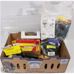 FLAT OF ASSORTED HAND TOOLS, GLOVES, AND MORE