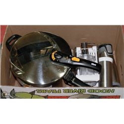 BOX W/ DUO PRESSURE COOKER, FRY CUTTER & MORE.
