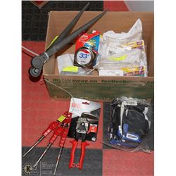 FLAT WITH TAPE MEASURE, CLAMPS, SNIPS, WORK GLOVES