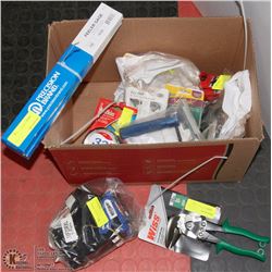 BOX WITH TAPE MEASURE, WORK GLOVES, SNIPS,