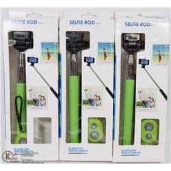 LOT OF 3 BLUE TOOTH WIRELESS REMOTE SELFIE RODS.