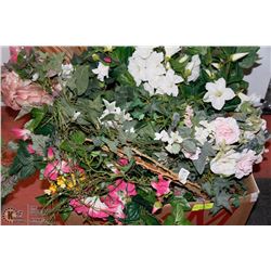 LARGE BOX WITH SILK FLOWERS , VASES AND MORE