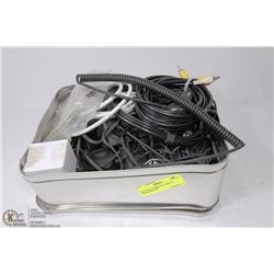 TIN WITH ASSORTED CABLES, CHARGERS ETC