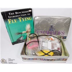 TIN WITH FLY FISHING MAKING SUPPLIES, AND BOOK