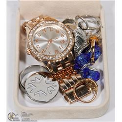 SMALL CHEST OF WATCHES, JEWELRY AND MORE