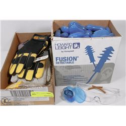 BOX OF SAFETY GLASSES, WORK GLOVES, SOLD WITH CASE