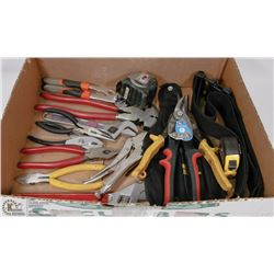 BOX W/CUTTERS, VISE GRIP, WRENCHES,