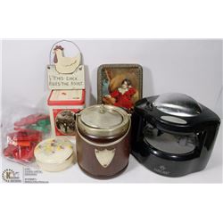 BOX W/ VINTAGE TINS, ELECTRIC BOTTLE OPENER,