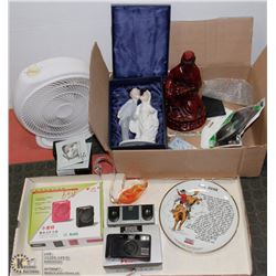 BOX W/ ASSORTED ITEMS INCL COLLECTOR PLATE, CLOCKS,
