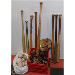 MILK CRATE OF BASEBALL GLOVES, BATS, AND BALLS