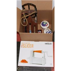 BOX W/ WALL DECORATION, NEW ALL IN ONE SLICER, AND