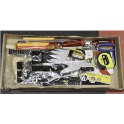 FLAT OF NEW ASSORTED TOOLS INCL JET TAPE MEASURER,