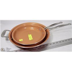 PAIR OF RED COPPER FRYING PANS - 2 DIFFERENT SIZES