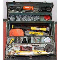 DOUBLE OPENING TOOL BOX FULL OF ASSORTED TOOLS