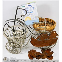 PAIR OF WINDCHIMES AND 2 TRICYCLE PLANTER HOLDERS