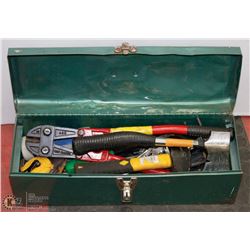 GREEN TOOL BOX WITH ASSORTED HAND TOOLS