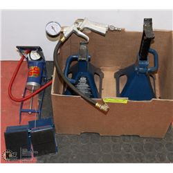 BOX WITH JACK STANDS, PUMP, AND PRESSURE GAUGE