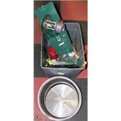 TOTE WITH CAMPING SUPPLIES INCL LANTERN, AXE,