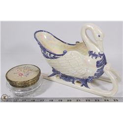 DECORATIVE CERAMIC SWAN BASKET W/ VINTAGE