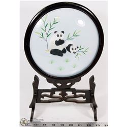 CHINESE SILK PANDA DISPLAYED IN GLASS W/ STAND.