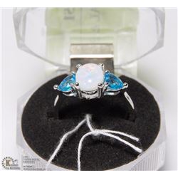 #56-WHITE FIRE OPAL & BLUE TOPAZ  RING