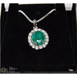 #119-NATURAL GREEN EMERALD &CZ PENDANT  NECKLACE