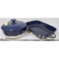 BLUE STONEWARE  DISH AND TRAY SET