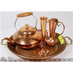 COPPER TRAY WITH KETTLE AND TWO VASES