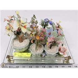 GLASS TRAY WITH 9 GLASS FLOWERS IN POTS
