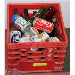 DAIRY CRATE FILLED WITH OLD LIQUOR BOTTLES & CANS