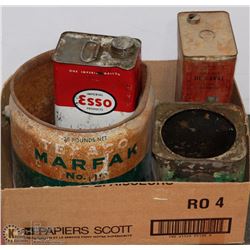LOT OF VINTAGE OIL CANS INCL TEXACO 25LB, DE LAVAL