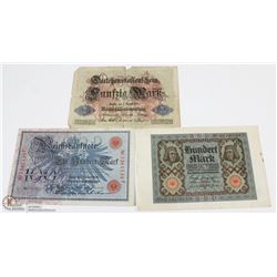 3 GERMAN BANK NOTES INCL 1000 MARK 1920. 100 MARKS
