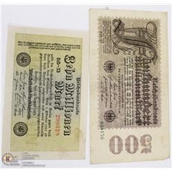 2 GERMAN BANK NOTES INCL 500 MARKS 1924 AND 10