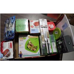 LARGE FLAT OF NEW KITCHENWARE,16PC FLATWARE AND