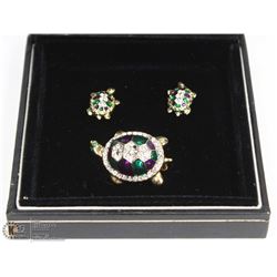 VINTAGE RHINESTONE TURTLE BROOCH & EARRINGS