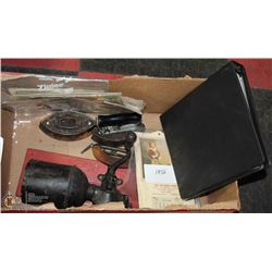 BOX OF ANTIQUES INCLUDING IRONS, GRINDER, OLD