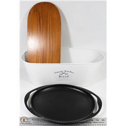 LECREUSET SKILLET AND VINTAGE BREAD BOX