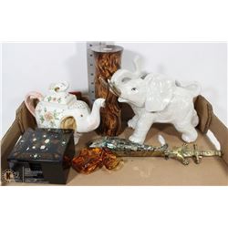 FLAT OF VARIOUS COLLECTIBLES INCL ELEPHANT TEA POT