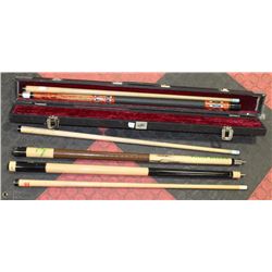 LOT OF 3 POOL CUES INCL . JOHN DEERE,DUFFERIN IN