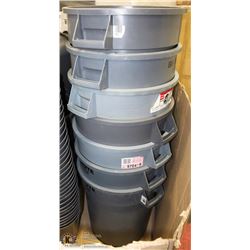 STACK OF 7 BRUTE COMMERCIAL GARBAGE CANS